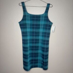SO 18 Plus Plaid Jumper Dress Teal Sparkle Metallic Square Neck Mini